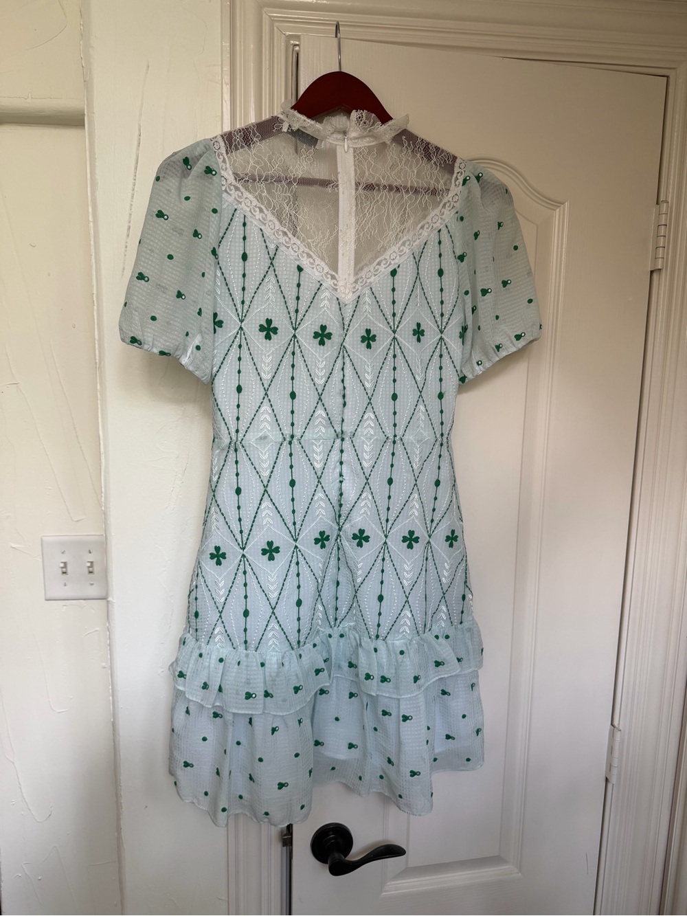Sandro Paris White and Green Lace-Trim Ruffled Mini Dress - Picture 6 of 6